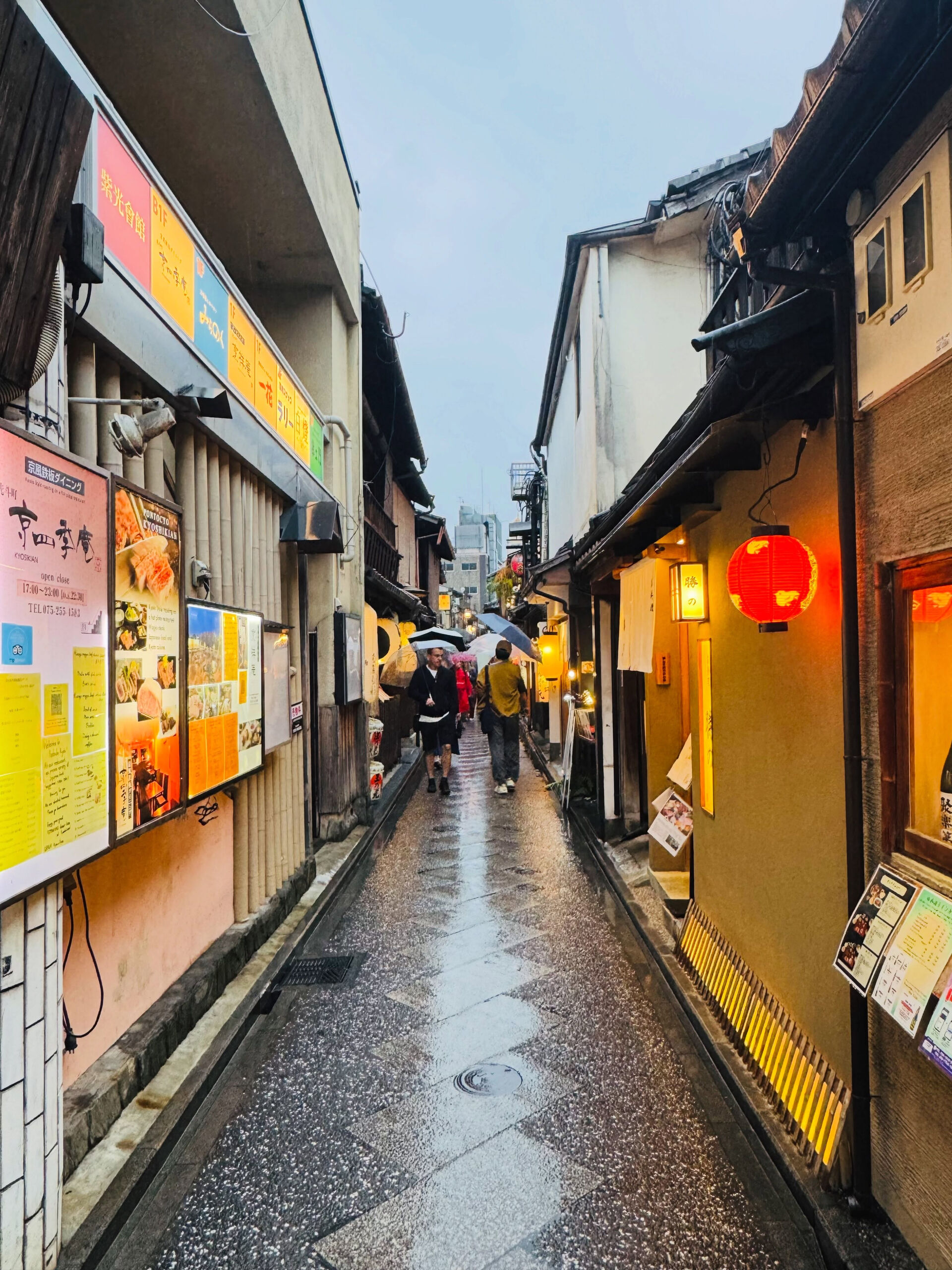 雨に濡れた先斗町の路地裏で、京都らしいひとときを